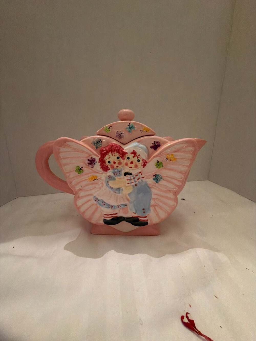 Raggedy Ann and Andy Pink Butterfly Teapot Ceramic Vintage